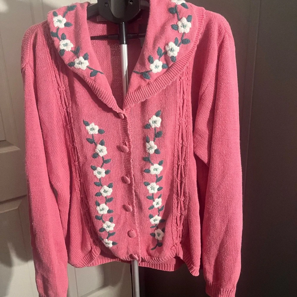Women's Pink Cowl Neck Sweater with Floral Trim - Picture 2 of 2